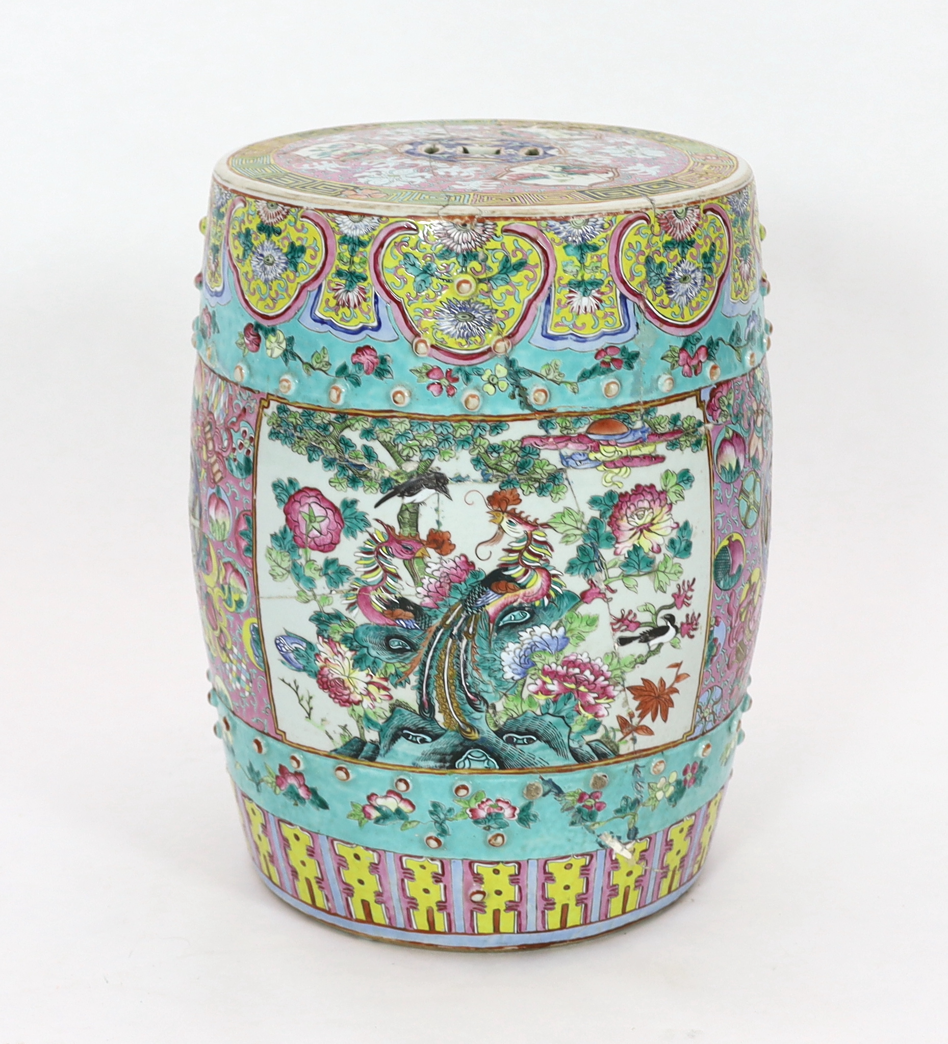 A 19th century Chinese Canton decorated famille rose garden seat (restored), 46cm high